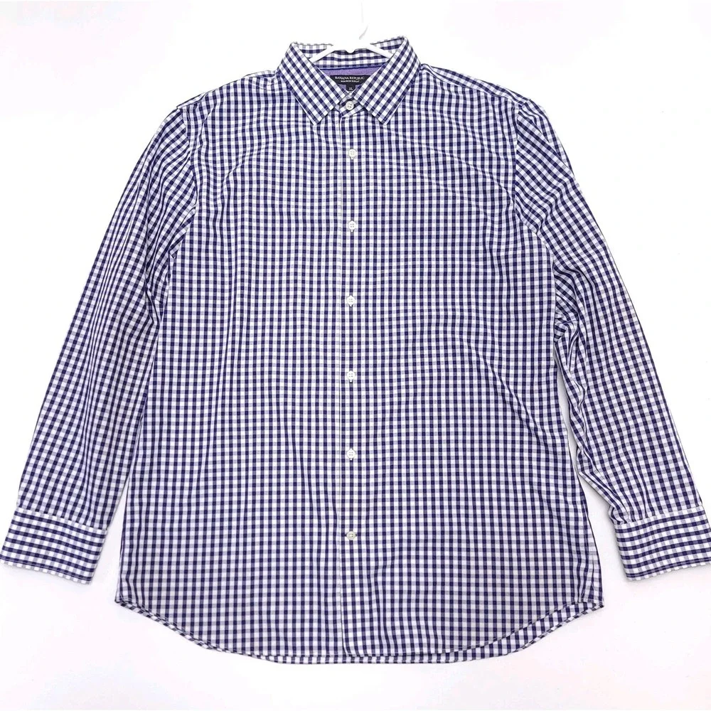 Banana Republic Mens XL Shirt Button Up Non Iron‎ Slim Fit Checked Blue READ